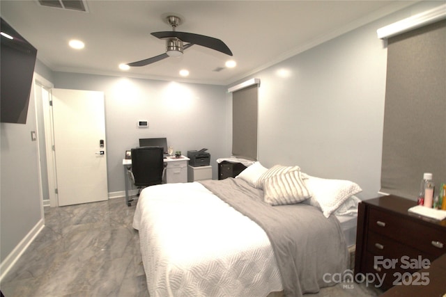 7428 Beaufort Cir, Charlotte, NC 28227 - bedroom with crown molding, visible vents, baseboards, and marble finish floor