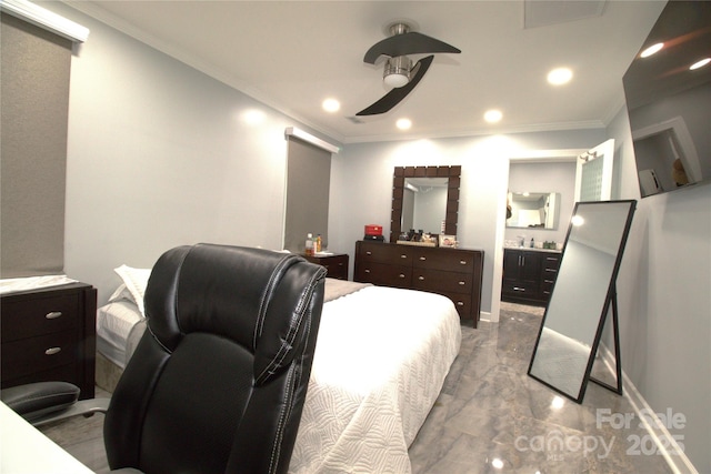 7428 Beaufort Cir, Charlotte, NC 28227 - bedroom featuring crown molding, ceiling fan, visible vents, recessed lighting, and baseboards