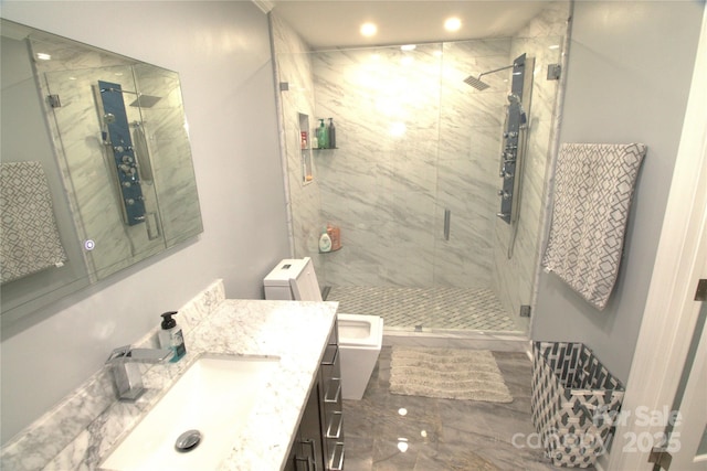 7428 Beaufort Cir, Charlotte, NC 28227 - bathroom with toilet, marble finish floor, a stall shower, and vanity