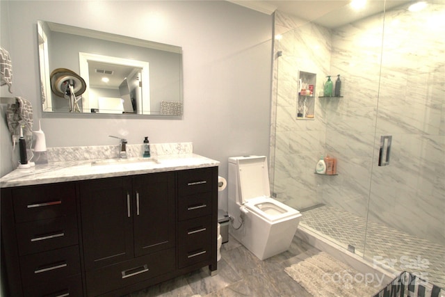 7428 Beaufort Cir, Charlotte, NC 28227 - full bath with visible vents, toilet, vanity, marble finish floor, and a stall shower