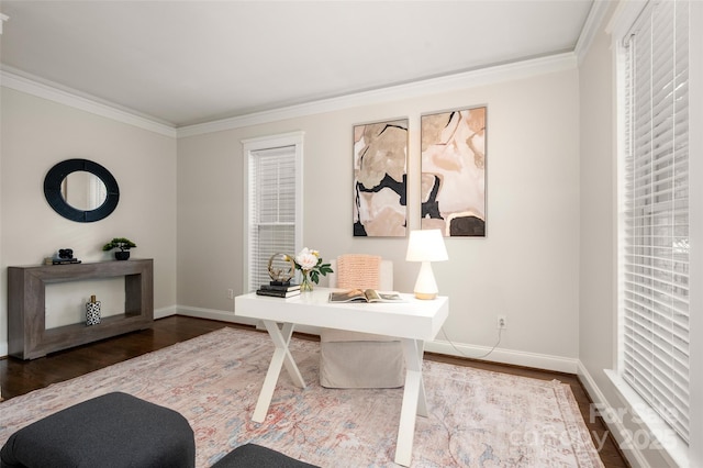 office featuring crown molding, baseboards, and dark wood-type flooring