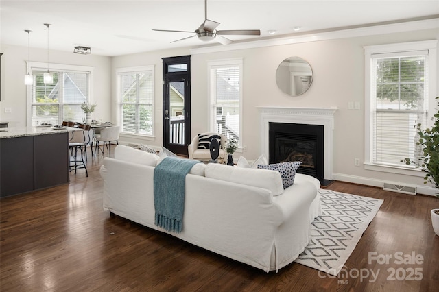 living area with a ceiling fan, a glass covered fireplace, dark wood-type flooring, and baseboards