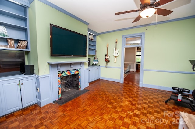 447 N Washington St, Rutherfordton, NC 28139 - unfurnished living room with a fireplace, baseboards, crown molding, and a ceiling fan