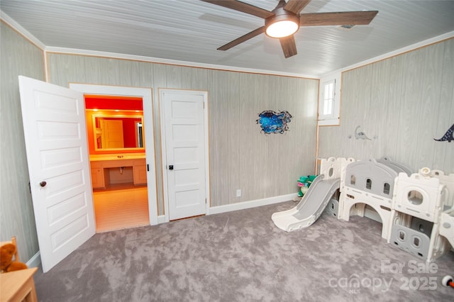 447 N Washington St, Rutherfordton, NC 28139 - rec room featuring carpet floors, ornamental molding, and ceiling fan