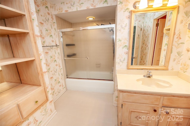 447 N Washington St, Rutherfordton, NC 28139 - bathroom featuring wallpapered walls, vanity, and bath / shower combo with glass door