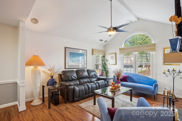 7444 Hurstbourne Green Dr, Charlotte, NC 28277 - living room featuring baseboards, visible vents, beamed ceiling, ceiling fan, and wood finished floors