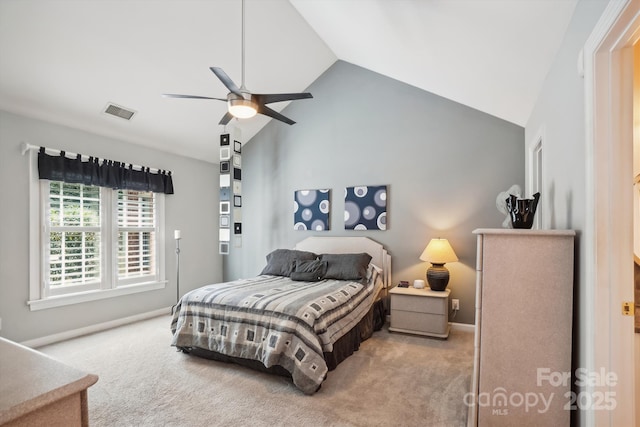 7444 Hurstbourne Green Dr, Charlotte, NC 28277 - carpeted bedroom with visible vents, baseboards, a ceiling fan, and vaulted ceiling