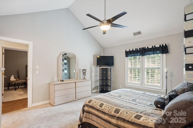7444 Hurstbourne Green Dr, Charlotte, NC 28277 - carpeted bedroom featuring high vaulted ceiling, visible vents, baseboards, and ceiling fan