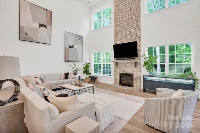 living room featuring wood finished floors, a high ceiling, and a stone fireplace