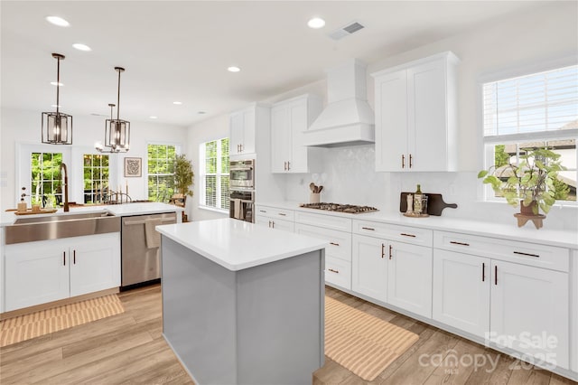 kitchen with a sink, light wood-type flooring, custom range hood, appliances with stainless steel finishes, and a kitchen island