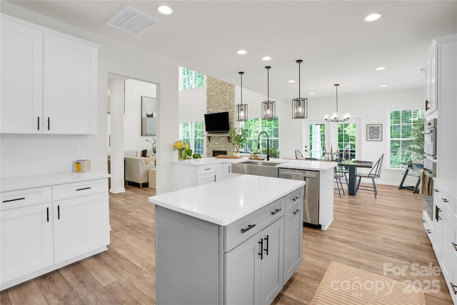 kitchen featuring a sink, visible vents, light countertops, a kitchen island, and appliances with stainless steel finishes