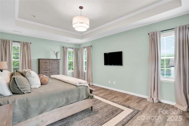 bedroom with baseboards, multiple windows, wood finished floors, and a tray ceiling