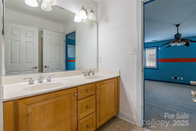4333 Sawmill Trace Dr, Charlotte, NC 28213 - full bath with double vanity, ceiling fan, a sink, and baseboards