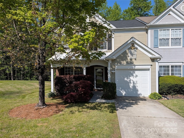 view of front of house featuring concrete driveway, a garage, and a front lawn