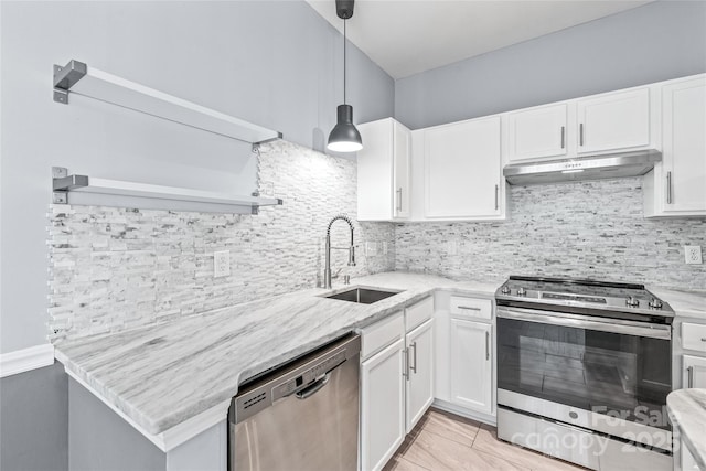2059 Lennox Square Rd, Charlotte, NC 28210 - kitchen with stainless steel appliances, under cabinet range hood, a sink, and white cabinets