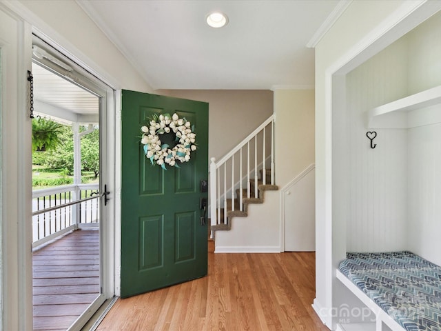 915 Gate Rd, Monroe, NC 28112 - foyer with stairway, light wood-style flooring, and crown molding
