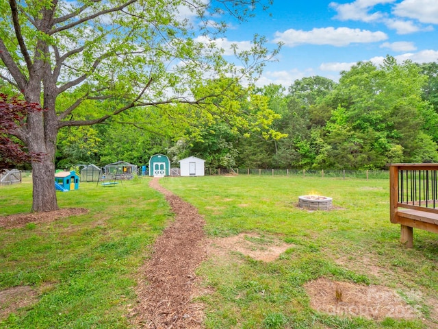 915 Gate Rd, Monroe, NC 28112 - view of yard featuring an outdoor fire pit, a storage shed, and an outdoor structure