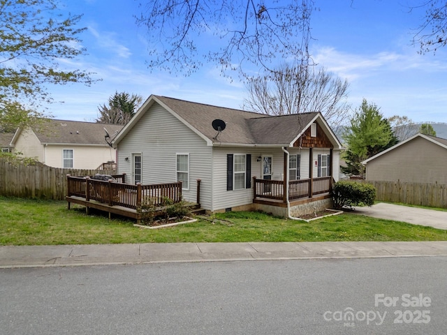 ranch-style house featuring a porch, a shingled roof, crawl space, and a deck