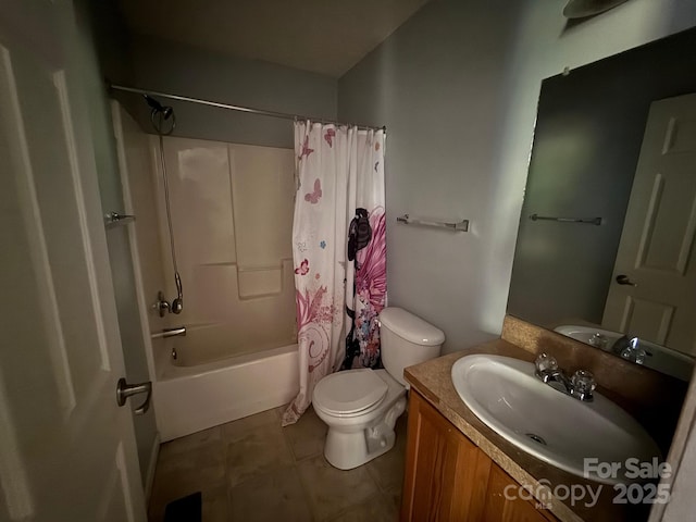 full bath featuring toilet, tile patterned floors, shower / bathtub combination with curtain, and vanity