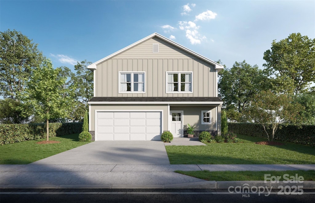 view of front of house featuring an attached garage, board and batten siding, concrete driveway, and a front lawn