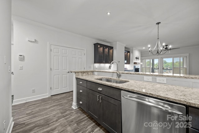 18700 Nautical Dr Unit 203, Cornelius, NC 28031 - kitchen with dishwasher, a chandelier, crown molding, wood finished floors, and decorative light fixtures