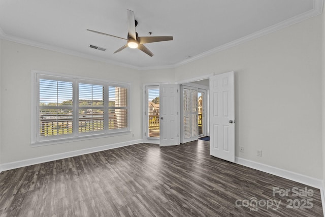 18700 Nautical Dr Unit 203, Cornelius, NC 28031 - unfurnished bedroom featuring dark wood finished floors, multiple windows, access to outside, ornamental molding, and a ceiling fan