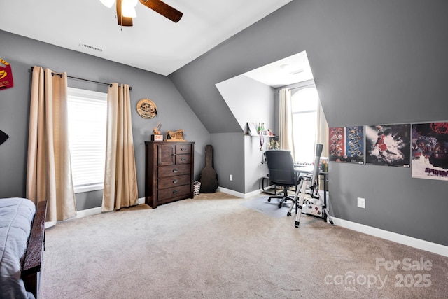 126 Top Flite Dr, Statesville, NC 28677 - home office with lofted ceiling, visible vents, carpet floors, baseboards, and ceiling fan