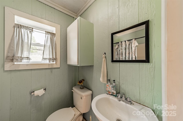 full bath with wood walls, a sink, and toilet