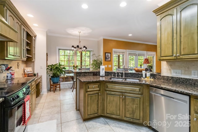 4925 Pageland Hwy, Monroe, NC 28112 - kitchen featuring decorative backsplash, black electric range oven, stainless steel dishwasher, a sink, and a peninsula