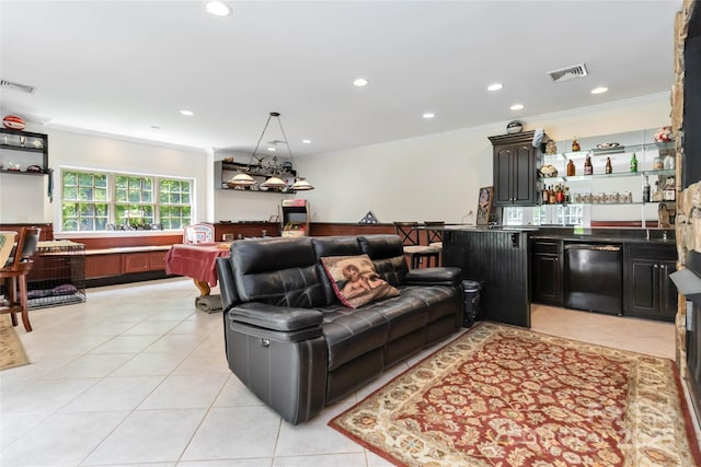 4925 Pageland Hwy, Monroe, NC 28112 - living area with wet bar, visible vents, ornamental molding, and light tile patterned floors