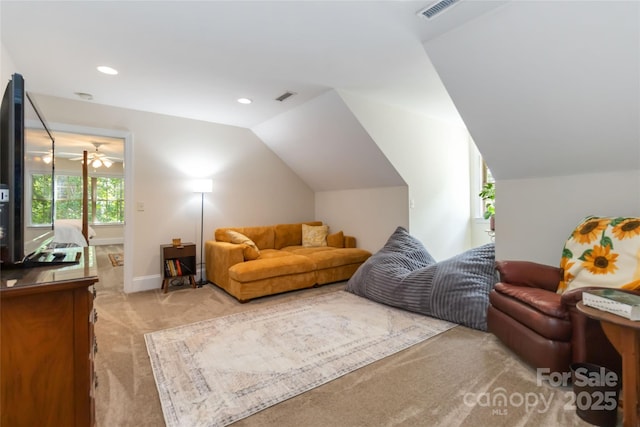 4925 Pageland Hwy, Monroe, NC 28112 - living area with baseboards, visible vents, light carpet, and lofted ceiling