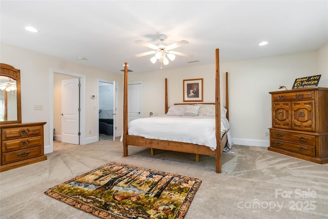 4925 Pageland Hwy, Monroe, NC 28112 - bedroom with baseboards, light carpet, a ceiling fan, and recessed lighting
