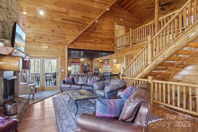 475 S Toe River Rd, Burnsville, NC 28714 - living room with high vaulted ceiling, wood walls, hardwood / wood-style flooring, and wooden ceiling