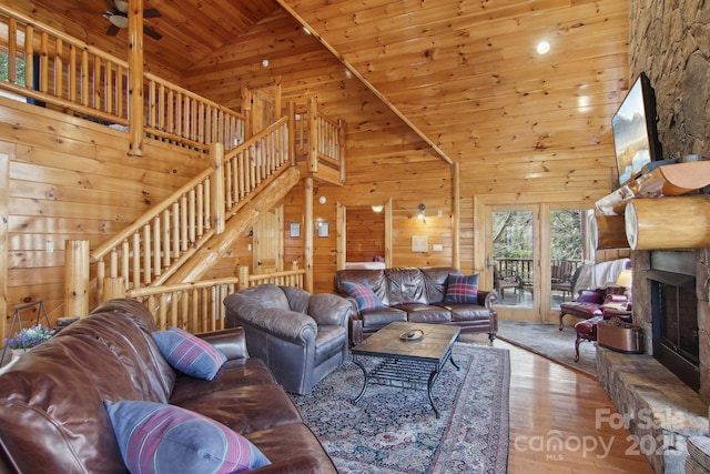 475 S Toe River Rd, Burnsville, NC 28714 - living area with wood ceiling, wood finished floors, wooden walls, and a stone fireplace