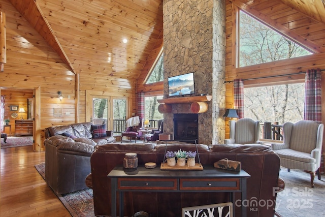 475 S Toe River Rd, Burnsville, NC 28714 - living area featuring wooden ceiling, a fireplace, wood walls, high vaulted ceiling, and hardwood / wood-style floors