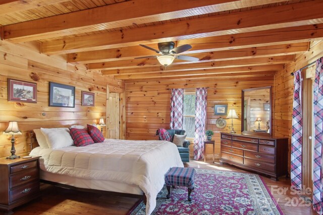 475 S Toe River Rd, Burnsville, NC 28714 - bedroom featuring wood walls, beamed ceiling, and wood finished floors