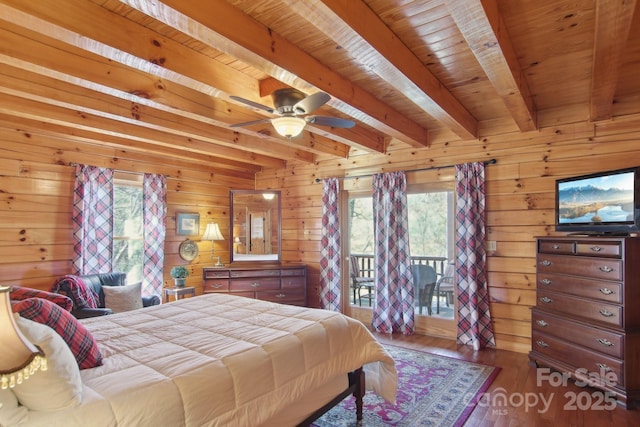 475 S Toe River Rd, Burnsville, NC 28714 - bedroom featuring access to exterior, beamed ceiling, wooden walls, and wood finished floors