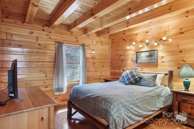 475 S Toe River Rd, Burnsville, NC 28714 - bedroom with hardwood / wood-style floors, wooden ceiling, wood walls, and beam ceiling