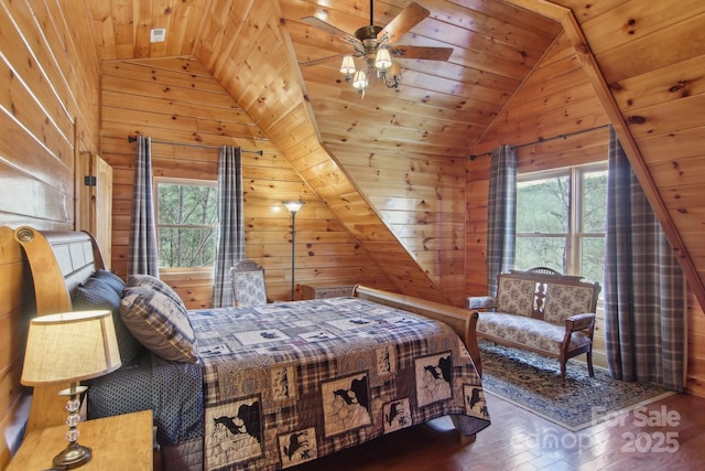 475 S Toe River Rd, Burnsville, NC 28714 - bedroom featuring wooden walls, multiple windows, wooden ceiling, and lofted ceiling