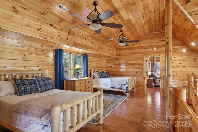 475 S Toe River Rd, Burnsville, NC 28714 - bedroom with vaulted ceiling, visible vents, wooden ceiling, wood finished floors, and wooden walls
