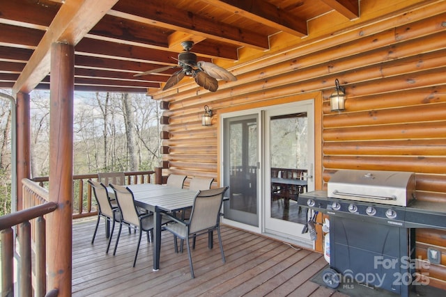 475 S Toe River Rd, Burnsville, NC 28714 - wooden terrace with area for grilling, ceiling fan, and outdoor dining area