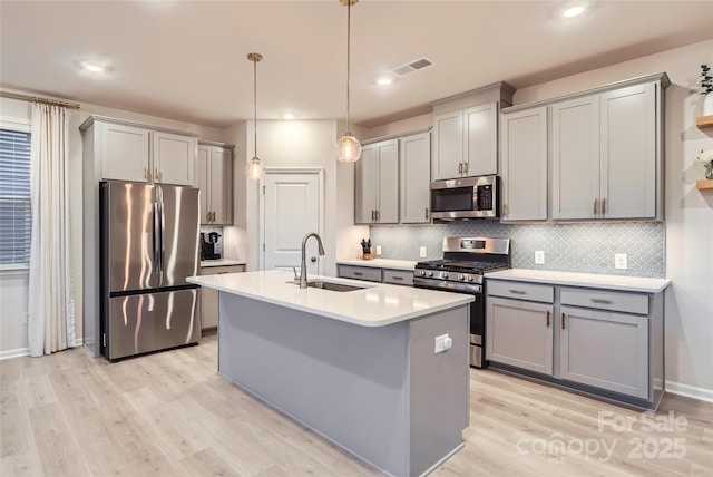 kitchen featuring a sink, appliances with stainless steel finishes, and gray cabinets