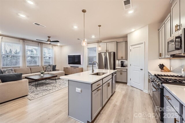 kitchen featuring gray cabinets, visible vents, a sink, open floor plan, and stainless steel appliances