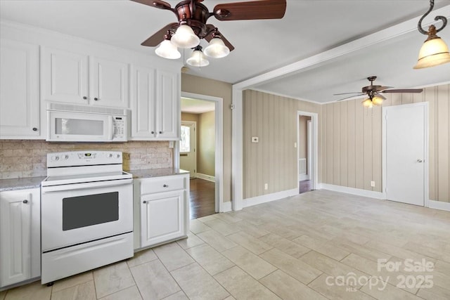 kitchen featuring ceiling fan, white appliances, and white cabinets