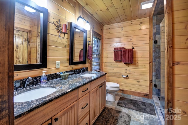 36 Destiny Trl, Maggie Valley, NC 28751 - full bathroom featuring wooden walls, toilet, double vanity, and wooden ceiling