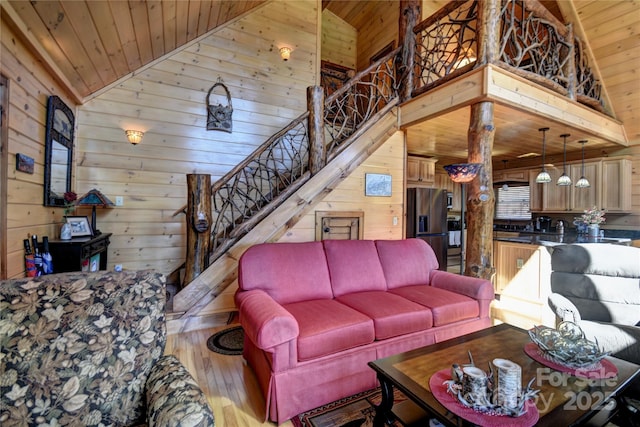 36 Destiny Trl, Maggie Valley, NC 28751 - living area with wooden ceiling, wooden walls, high vaulted ceiling, wood finished floors, and stairway