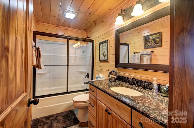 36 Destiny Trl, Maggie Valley, NC 28751 - full bathroom with wood walls, vanity, toilet, combined bath / shower with glass door, and wooden ceiling