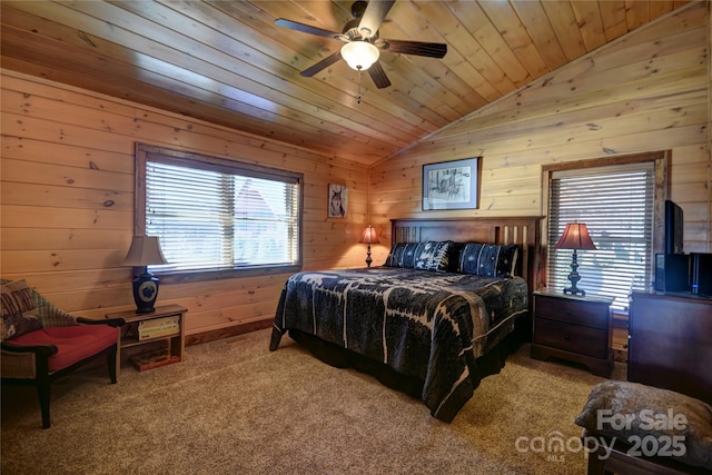 36 Destiny Trl, Maggie Valley, NC 28751 - bedroom with vaulted ceiling, carpet, wood walls, wooden ceiling, and a ceiling fan