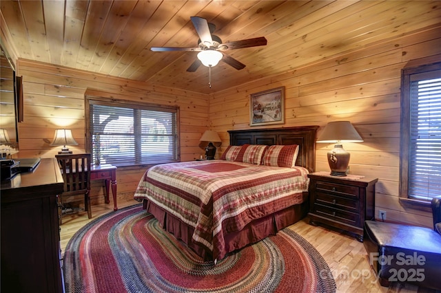 36 Destiny Trl, Maggie Valley, NC 28751 - bedroom with multiple windows, wooden ceiling, light wood-type flooring, wooden walls, and a ceiling fan