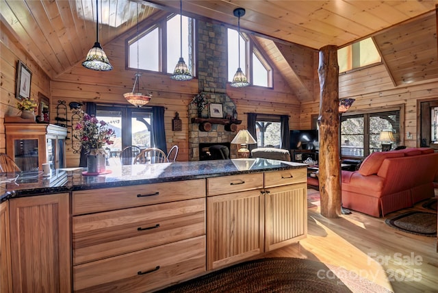 36 Destiny Trl, Maggie Valley, NC 28751 - kitchen featuring open floor plan, high vaulted ceiling, wood walls, wood finished floors, and wooden ceiling